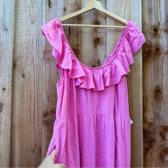 🌿 Hot Pink Off-The-Shoulder Ruffle Linen Midi Dress 🌿🌿 - Picture 4 of 10